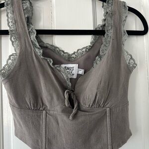 Princess Polly Taupe Lace-Trim Tie-Front Crop Top